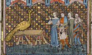 14th century women admiring a golden peacock